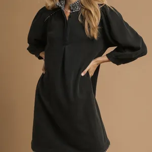 Umgee French Terry Balloon Sleeve Shift Dress with‎ Leopard Print Detail thumbnail 2