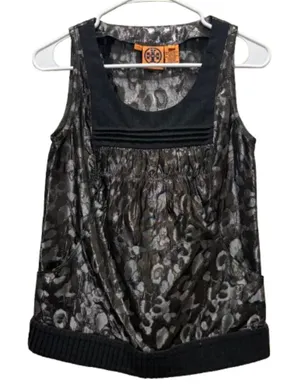 Tory‎ Burch Metallic Leopard Print Jacquard Sleeveless Top Pewter Black Size 2 thumbnail 1
