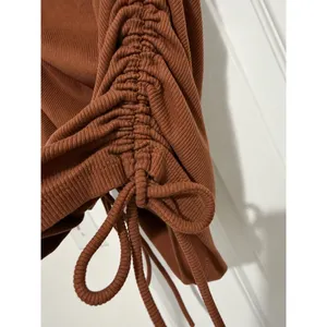 Zara Brown Ribbed Ruched Side Drawstring Bodycon Mini Dress Small Stretch thumbnail 3