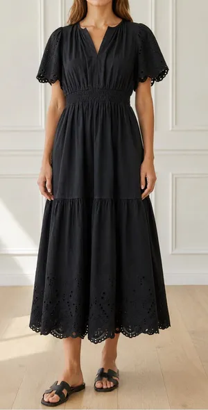 Baltic Born Annette Eyelet Tiered Midi Maxi Dress Black Sz L Puff Sleeve Cottage thumbnail 1