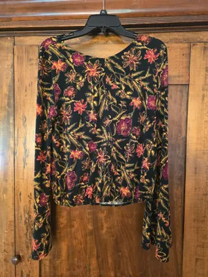 Free People Black Long-Sleeve Floral Top with Pink & Gold Blooms thumbnail 4