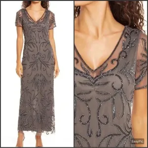 NWT Pisarro Nights Size 8 Beaded Mesh Column Gown Aluminum thumbnail 2