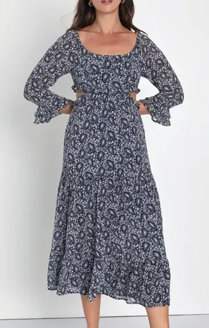 NWT Lulus Navy Blue Paisley Tiered Cutout Midi Dress women's size small thumbnail 1