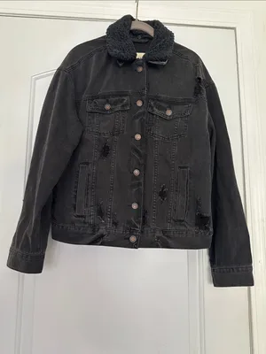 Hollister Black Sherpa-Trim Distressed Denim Jacket Black Sz M thumbnail 2