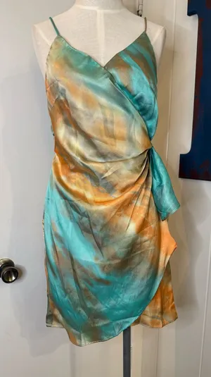 Hello Molly Silky Tie-Waist Slip Dress in Teal & orange women size Large NWT thumbnail 1