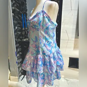 Wild Fable NWT Women’s Blue Floral Print Sweetheart Neck Mini Dress Size:Lrg thumbnail 2