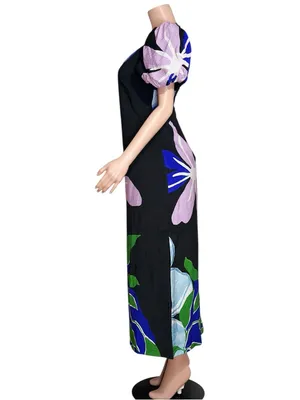 ANTHROPOLOGIE Puff-Sleeve A-Line Maxi Dress, Black Floral, Small thumbnail 6