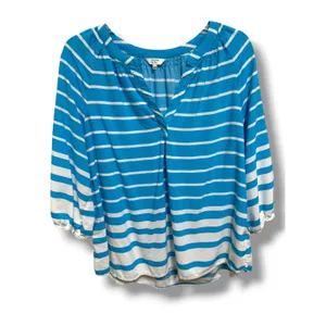 Crown & Ivy Blue White Striped Rayon Peasant Blouse Women's Large Coastal Top thumbnail 3