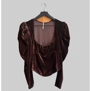 Free People Hold Me Velvet Puff Sleeve Women's Brown Long Sleeve Sz LRG thumbnail 3