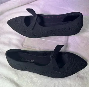 Skechers Black Knit Memory Foam Pointed Ballet Flat with Bow thumbnail 1