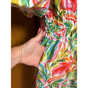 THML Tropical Leaf Print Smocked Waist Puff Sleeve Tiered Mini Dress Small thumbnail 4