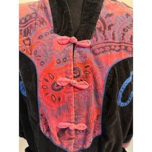 Vintage 80s/90s Black Corduroy Wearable Art Jacket Pink Paisley Frog Closures thumbnail 4