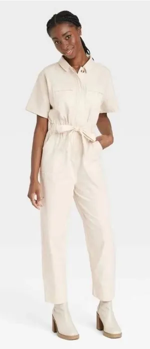Universal Thread Cotton Utility Carpenter Jumpsuit 8 Short Sleeve Belted Cream thumbnail 1