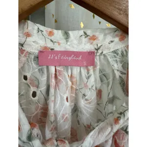 JJ's Fairyland Floral Embroidered Eyelet Self Tie Neck Smocked Waist Blouse S thumbnail 2