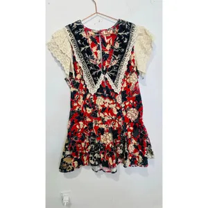 FREE PEOPLE Red White Bali Antoinette Corduroy Lace Mini Dress size Large thumbnail 2