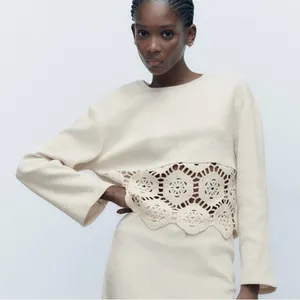 ZARA Beige Ecru Crocheted‎ Long Sleeve Sweater Sweatshirt Top Shirt Size Small thumbnail 1