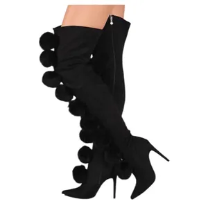 Cape Robbin Black Pom-Pom Knee-High Stiletto Boots 8.5 thumbnail 2