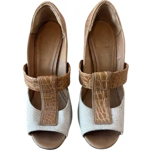Tory Burch Georgina Linen Platform Heels Croc Leather Peep Toe‎ Sz 9 thumbnail 3