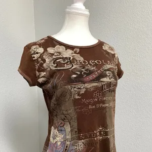 Y2k Brown Baby Tee Chocolate Espresso Coffee Floral Short Sleeve Rhinestone thumbnail 2
