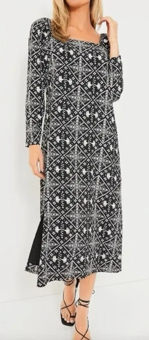 Tuckernuck Hyacinth‎ House Square Neck Sabrina Midi Dress XS Black White Print thumbnail 1