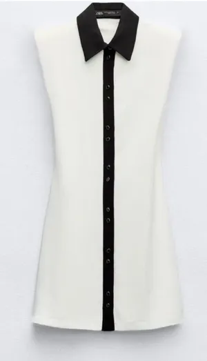 Zara White Mini Dress with Black Collar and Placket thumbnail 1