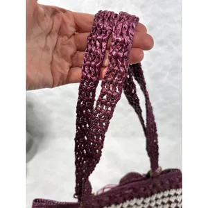 Vintage Handmade Purple White‎ Crochet Nylon Tote Bag Floral Heart Detail Boho thumbnail 4