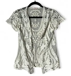 Pixley White Floral Lace Mesh Open Front Cardigan Fairycore Shrug S SFT2008‎ thumbnail 1