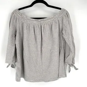 Lucky Brand Women’s Off Shoulder Striped Gauzy Peasant‎ Top Medium Black White thumbnail 2