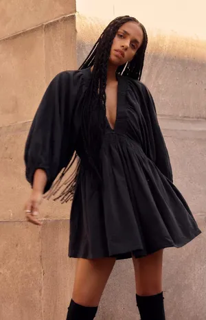 Free People For The Moment Mini Dress Black Cotton Boho Balloon Sleeve Size S thumbnail 1