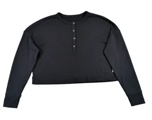 Vuori Womens Black Cropped Henley Long Sleeve Top Relaxed Fit Drop Shoulder XL thumbnail 1