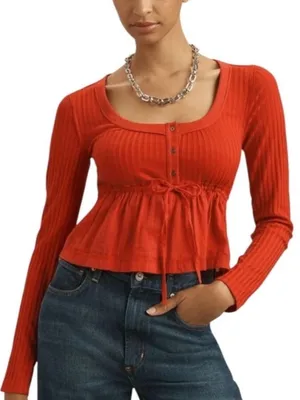 PILCRO Peplum Tie Waist Red Ribbed Knit Long Sleeve Babydoll Scoop Neck Top M thumbnail 1