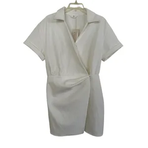 Commense Womens Collared Cuffed Sleeve Button Wrap Short Dress White Medium thumbnail 2