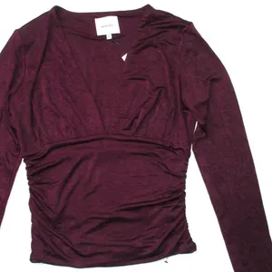 NWT Reformation Ines Knit Top in Wine V-neck Long Sleeve Ruched Blouse M thumbnail 2