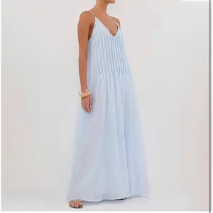 NEW Blue Cotton Pleated Spaghetti Strap Vacation Maxi Dress M thumbnail 10