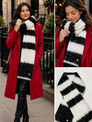 Kate Spade New York Brushed Stripe Oblong Scarf Black Ivory w/ Metal Spade 💛 thumbnail 2