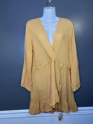 Blue Island Dress Womens Medium Orange Wrap Ruffle Hem Bell Sleeve Boho Sundress thumbnail 2