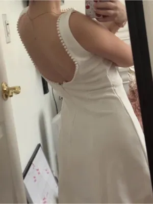 White Sleeveless A-Line Dress with Pearl Trim thumbnail 3