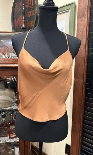 Zara Tan Flowy Neckline Silk Top Size Small EUC thumbnail 1