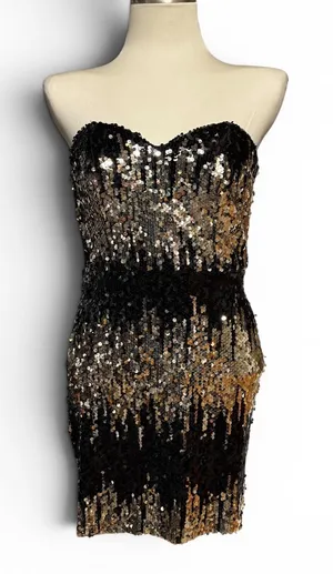 Social Couture Strapless Sequin Mini Cocktail Dress Black Gold Medium thumbnail 1