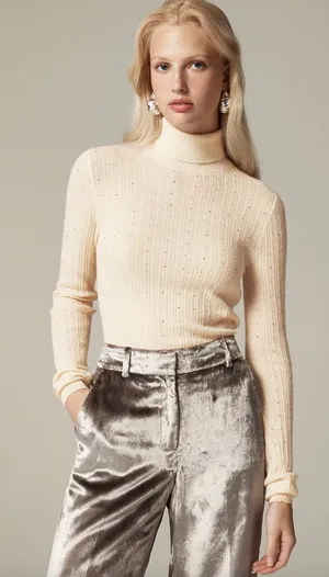 J.Crew Featherweight Cashmere Turtleneck Sweater Rhinestones Buttercream XL NWT thumbnail 1