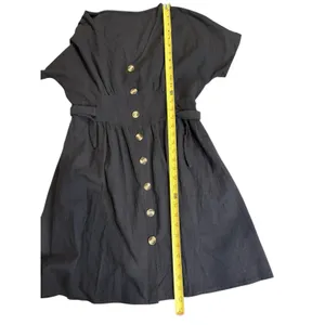 Womens Black Button Front Dress V Neck Tie Waist Short Sleeve Mini Large Classic thumbnail 6