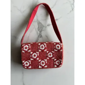 Anthropologie Fiona Beaded Shoulder Bag Red White Checkerboard Floral Flap Purse thumbnail 3