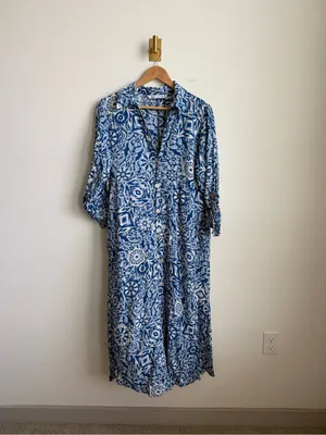 Zara Blue Printed Midi Shirt Dress Button Front Flowy Medium thumbnail 2