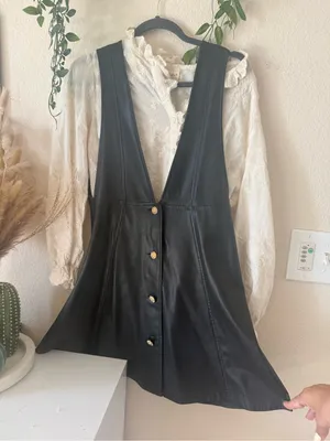 Zara Black Faux Leather Mini Dress with Gold Buttons thumbnail 1