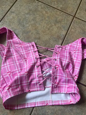 Dolls Kill Pink Plaid Lace-Up Crop Top with Bratz Heart Print thumbnail 4