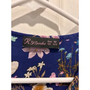 R Yiposha Navy Blue Floral Boho Empire Waist Midi Dress XS 0/2 Long Sleeve thumbnail 4