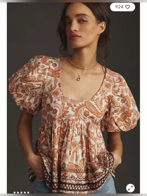 Anthropologie Puff-Sleeve Peasant babydoll Top in Rust Paisley SZ:L thumbnail 2