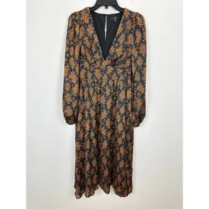 Lulus Graceful Impression Black and Orange Floral Print Midi Dress Satin S NWT thumbnail 5