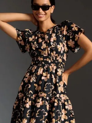 Anthropologie Black 100% Cotton Floral Print Somerset Mini Dress - Size - XL thumbnail 3
