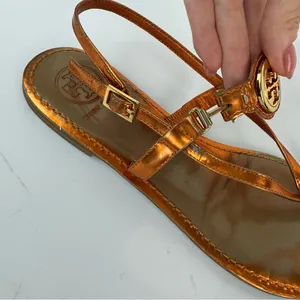 Tory Burch Ali Metallic Orange Sandals Sz 8 Strappy Logo Thong Flats thumbnail 7